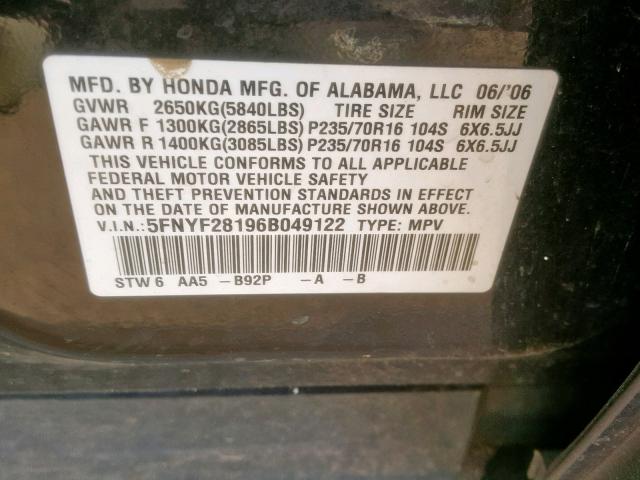 5FNYF28196B049122 - 2006 HONDA PILOT LX BLACK photo 10