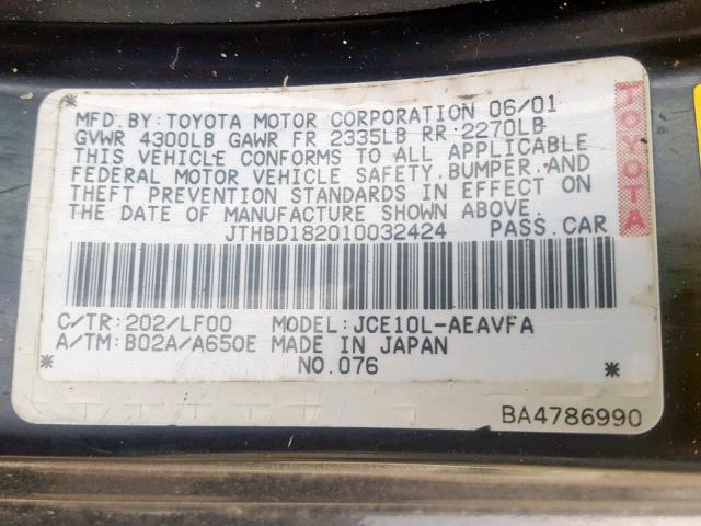 JTHBD182010032424 - 2001 LEXUS IS 300 BLACK photo 10