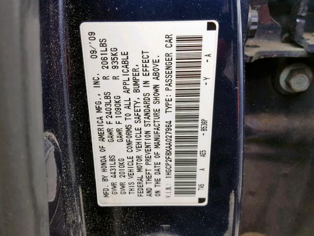 1HGCP2F8XAA027964 - 2010 HONDA ACCORD EXL BLUE photo 10