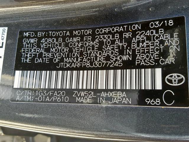 JTDKARFP8J3077245 - 2018 TOYOTA PRIUS PRIM 灰色 照片 10