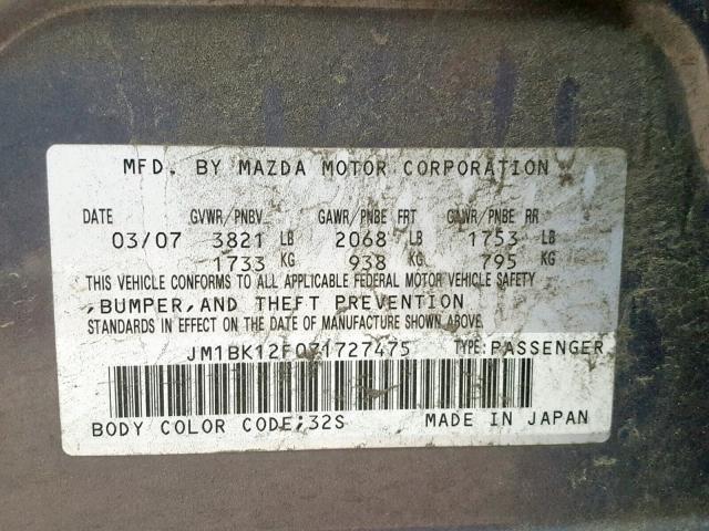 JM1BK12F071727475 - 2007 MAZDA 3 I GRAY photo 10