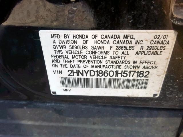 2HNYD18601H517182 - 2001 ACURA MDX TOURIN BLACK photo 10