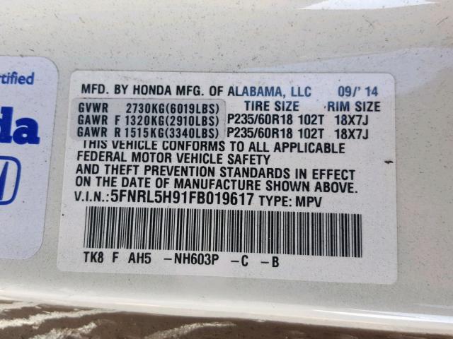 5FNRL5H91FB019617 - 2015 HONDA ODYSSEY TO WHITE photo 10