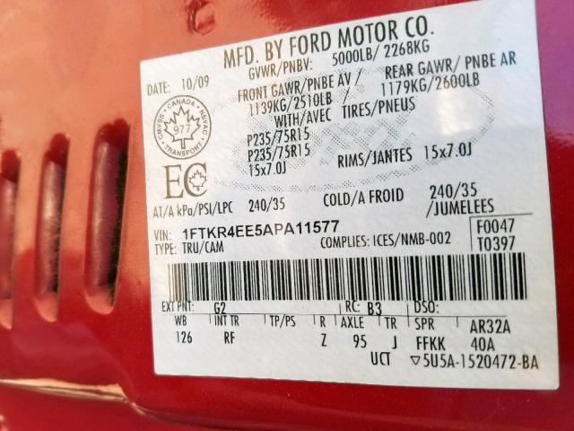 1FTKR4EE5APA11577 - 2010 FORD RANGER SUP RED photo 10