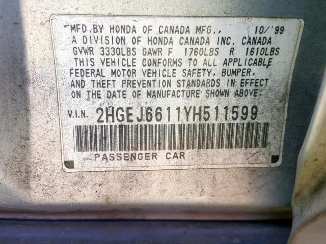 2HGEJ6611YH511599 - 2000 HONDA CIVIC BASE SILVER photo 10