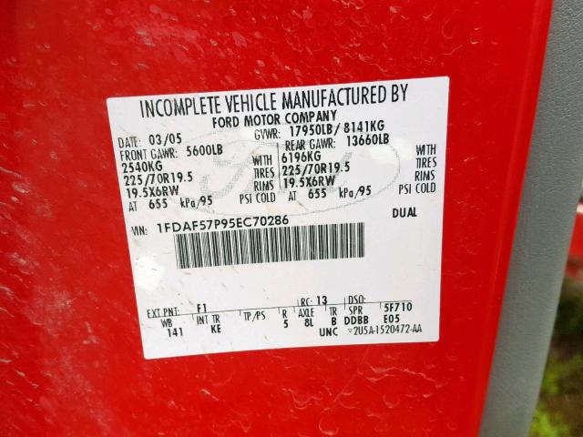 1FDAF57P95EC70286 - 2005 FORD F550 SUPER RED photo 10