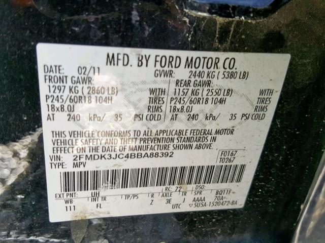 2FMDK3JC4BBA88392 - 2011 FORD EDGE SEL BLACK photo 10