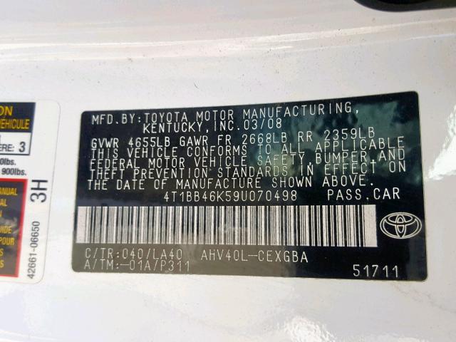 4T1BB46K59U070498 - 2009 TOYOTA CAMRY HYBR WHITE photo 10