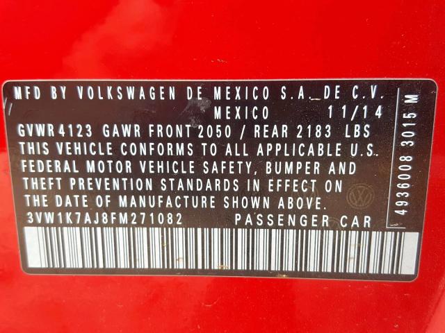 3VW1K7AJ8FM271082 - 2015 VOLKSWAGEN JETTA BASE RED photo 10