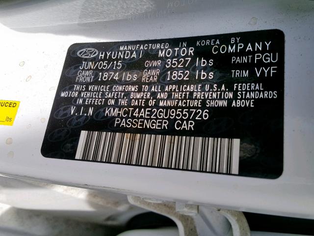 KMHCT4AE2GU955726 - 2016 HYUNDAI ACCENT SE WHITE photo 10