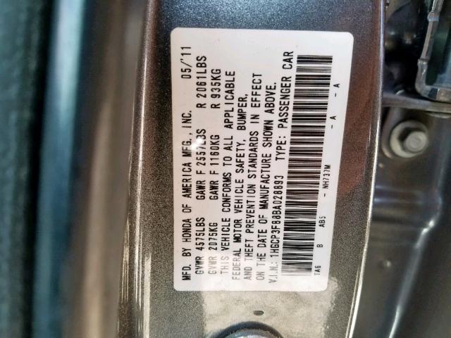 1HGCP3F88BA028893 - 2011 HONDA ACCORD EXL GRAY photo 10