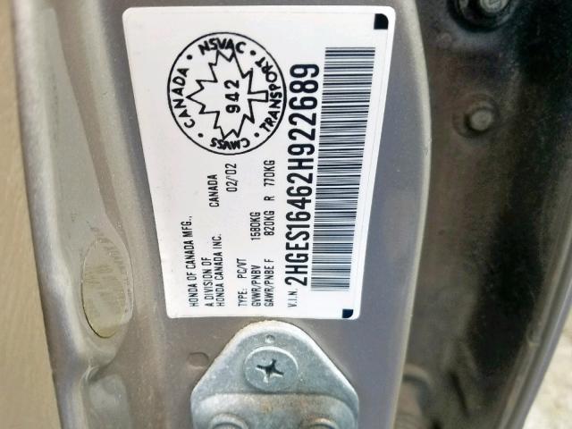 2HGES16462H922689 - 2002 HONDA CIVIC DX TAN photo 10