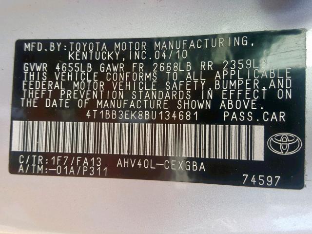 4T1BB3EK8BU134681 - 2011 TOYOTA CAMRY HYBR SILVER photo 10