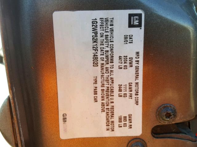 1G2WP52K12F148020 - 2002 PONTIAC GRAND PRIX BROWN photo 10