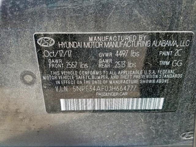 5NPE34AF0JH664777 - 2018 HYUNDAI SONATA SPO GRAY photo 10