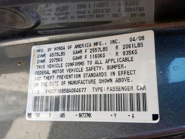 1HGCP36858A064677 - 2008 HONDA ACCORD EXL GRAY photo 10