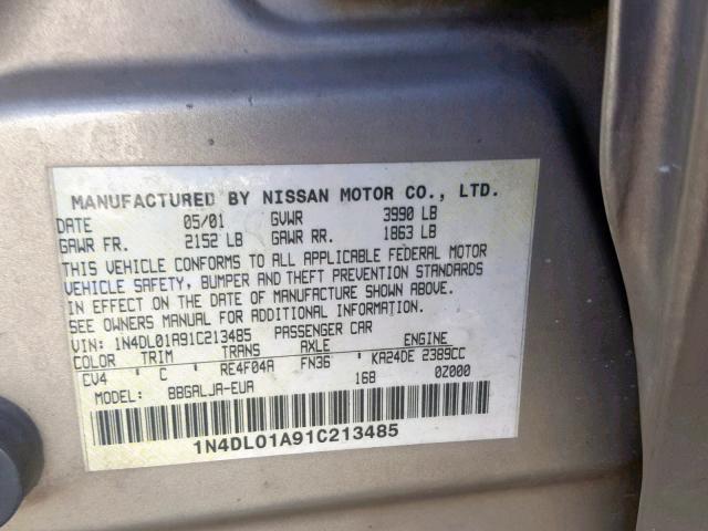 1N4DL01A91C213485 - 2001 NISSAN ALTIMA GXE GOLD photo 10