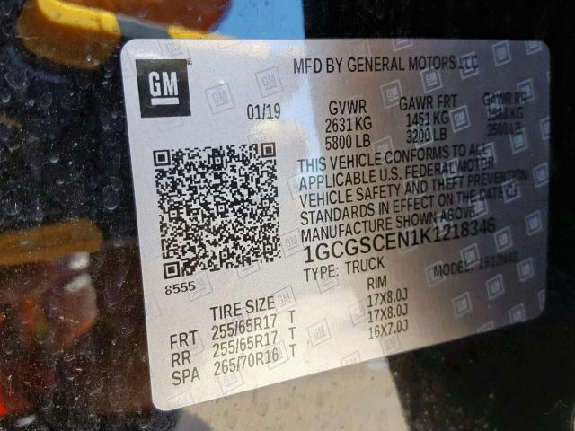 1GCGSCEN1K1218346 - 2019 CHEVROLET COLORADO L BLACK photo 10