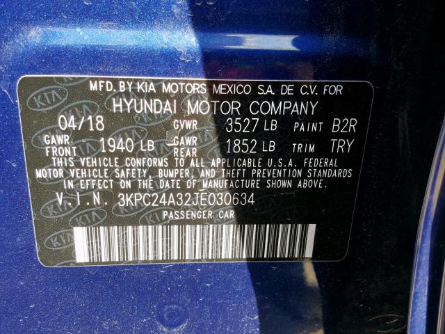 3KPC24A32JE030634 - 2018 HYUNDAI ACCENT SE BLUE photo 10