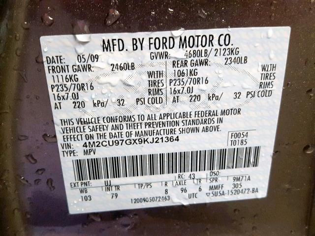 4M2CU97GX9KJ21364 - 2009 MERCURY MARINER PR GRAY photo 10