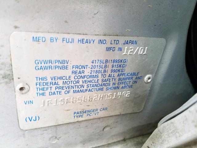 JF1SF65662H751492 - 2002 SUBARU FORESTER S SILVER photo 10