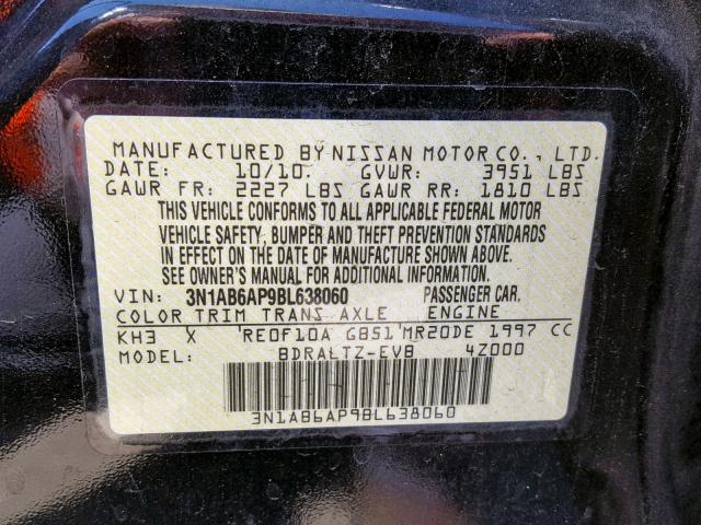 3N1AB6AP9BL638060 - 2011 NISSAN SENTRA 2.0 BLACK photo 10