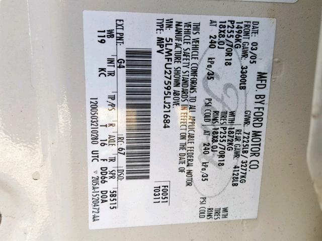 5LMFU27595LJ21684 - 2005 LINCOLN NAVIGATOR WHITE photo 10