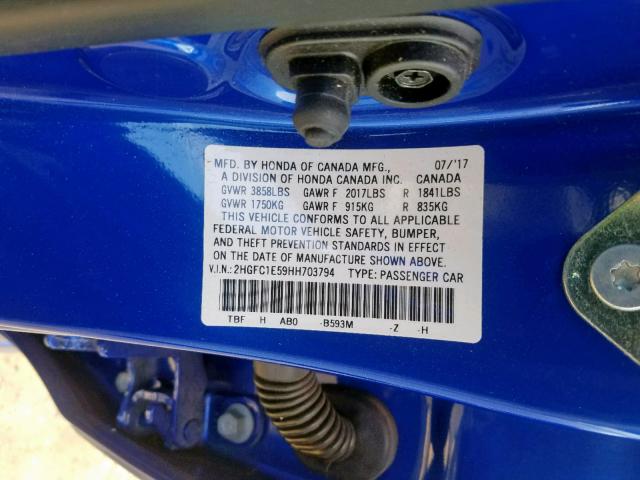 2HGFC1E59HH703794 - 2017 HONDA CIVIC SI BLUE photo 10