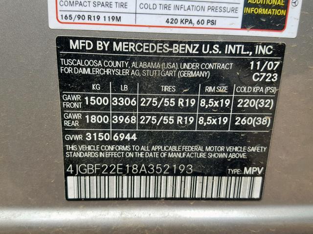 4JGBF22E18A352193 - 2008 MERCEDES-BENZ GL 320 CDI SILVER photo 10