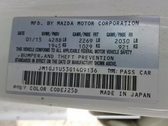 JM1GJ1U53G1409136 - 2016 MAZDA 6 SPORT WHITE photo 10