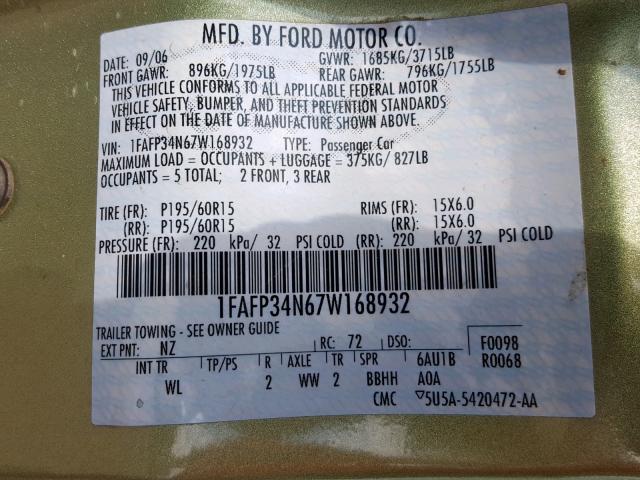 1FAFP34N67W168932 - 2007 FORD FOCUS ZX4 GREEN photo 10