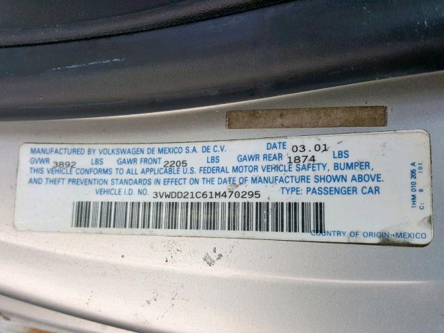 3VWDD21C61M470295 - 2001 VOLKSWAGEN NEW BEETLE SILVER photo 10