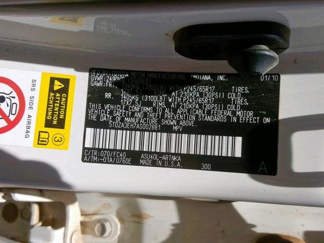 5TDZA3EH7AS002881 - 2010 TOYOTA HIGHLANDER WHITE photo 10