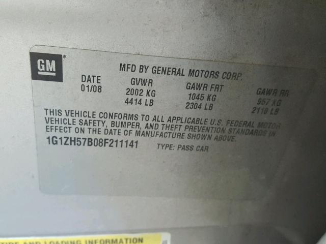 1G1ZH57B08F211141 - 2008 CHEVROLET MALIBU 1LT SILVER photo 10