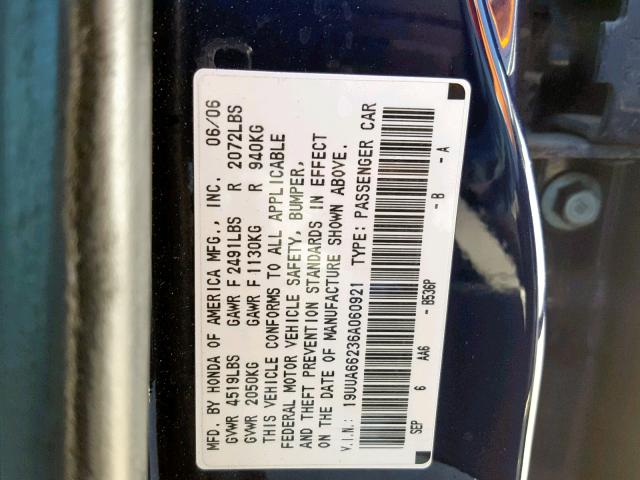 19UUA66236A060921 - 2006 ACURA 3.2TL BLUE photo 10