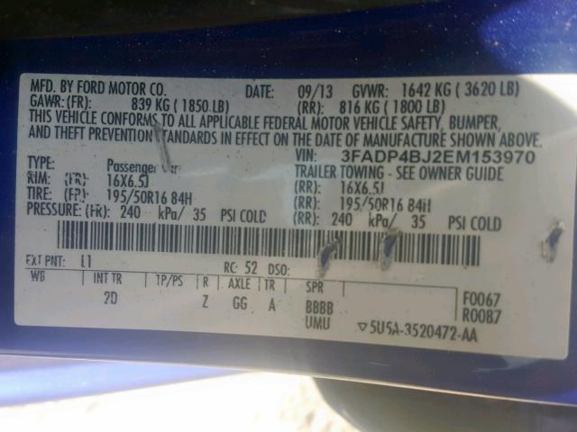 3FADP4BJ2EM153970 - 2014 FORD FIESTA SE BLUE photo 10