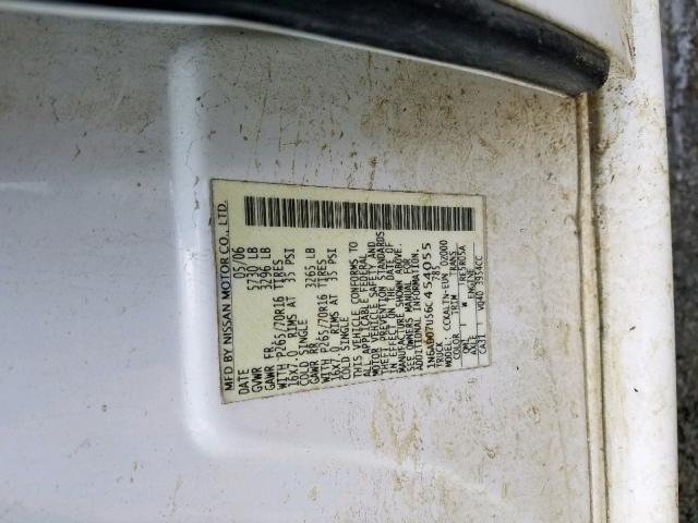 1N6AD07U56C454055 - 2006 NISSAN FRONTIER C WHITE photo 10