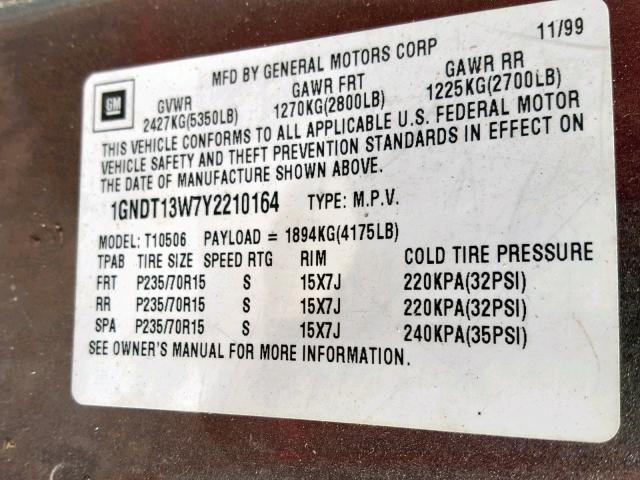 1GNDT13W7Y2210164 - 2000 CHEVROLET BLAZER SILVER photo 10