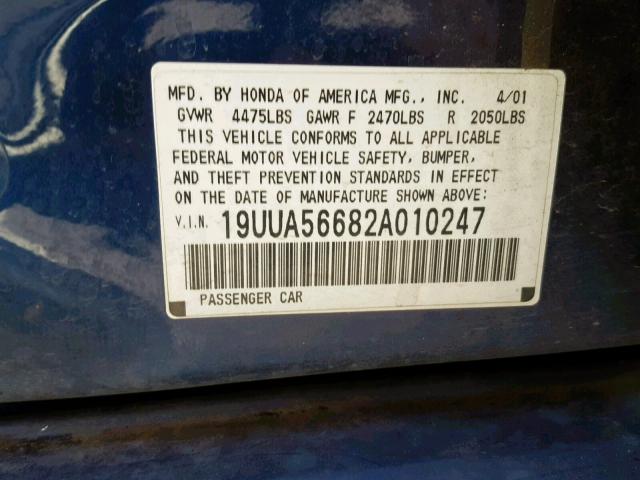 19UUA56682A010247 - 2002 ACURA 3.2TL BLUE photo 10