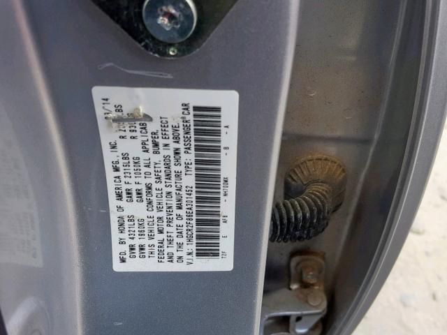 1HGCR2F86EA301452 - 2014 HONDA ACCORD EXL SILVER photo 10