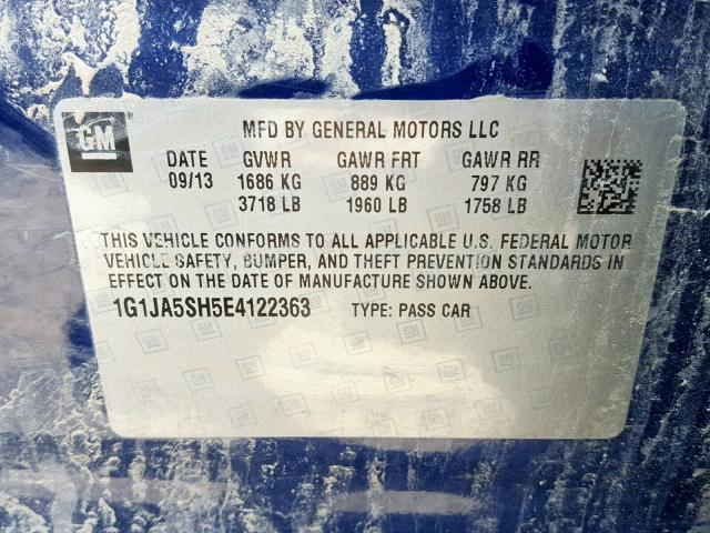 1G1JA5SH5E4122363 - 2014 CHEVROLET SONIC LS BLUE photo 10