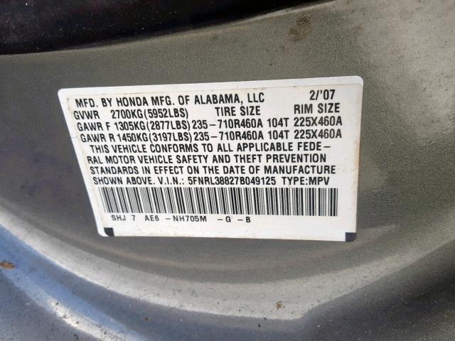 5FNRL38827B049125 - 2007 HONDA ODYSSEY TO SILVER photo 10