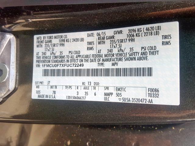 1FMCU0F7XFUC72249 - 2015 FORD ESCAPE S GRAY photo 10