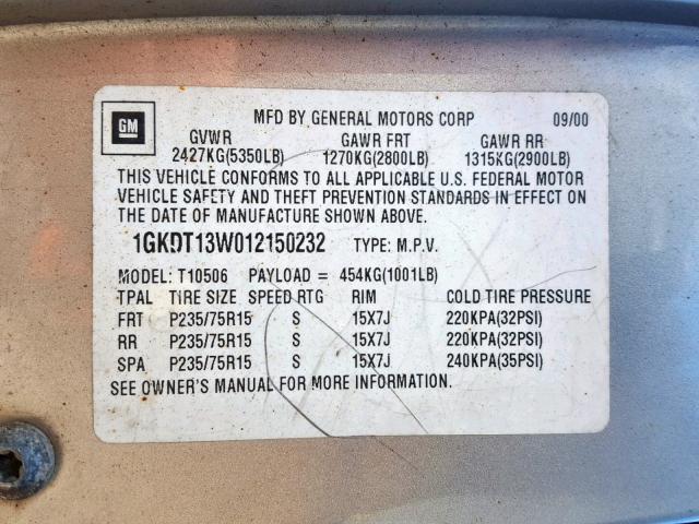 1GKDT13W012150232 - 2001 GMC JIMMY SILVER photo 10