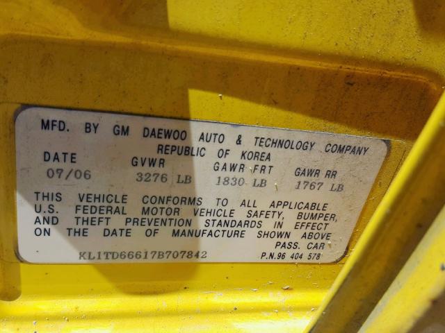 KL1TD66617B707842 - 2007 CHEVROLET AVEO BASE Sarı foto 10