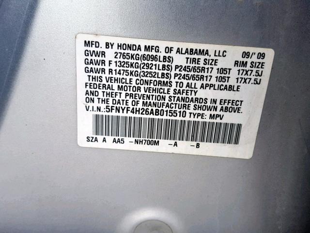 5FNYF4H26AB015510 - 2010 HONDA PILOT LX SILVER photo 10