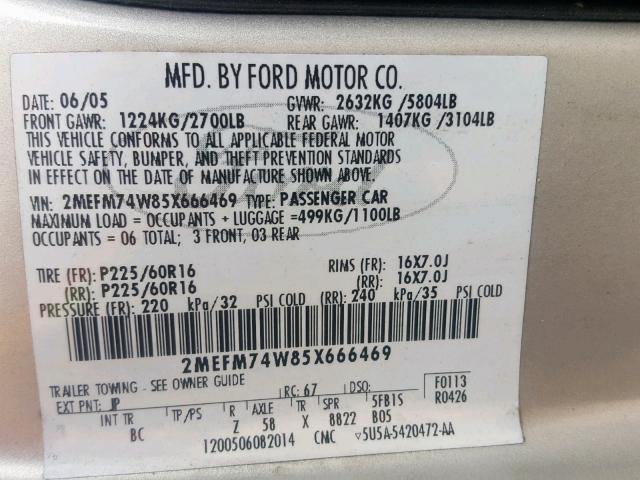 2MEFM74W85X666469 - 2005 MERCURY GRAND MARQ SILVER photo 10