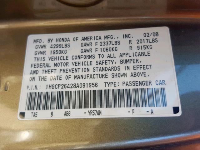 1HGCP26428A091956 - 2008 HONDA ACCORD LXP GOLD photo 10