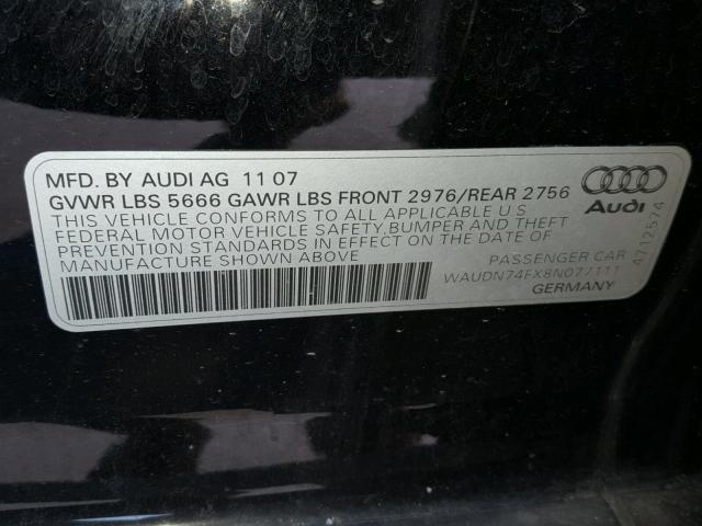 WAUDN74FX8N077111 - 2008 AUDI S6 QUATTRO BLACK photo 10