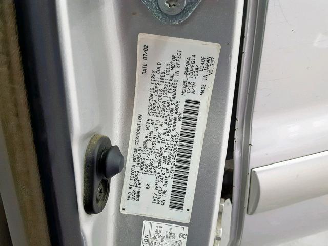 JTEHF21A520094072 - 2002 TOYOTA HIGHLANDER SILVER photo 10